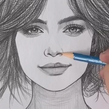 Mano che disegna un naso con linee guida e sfumature